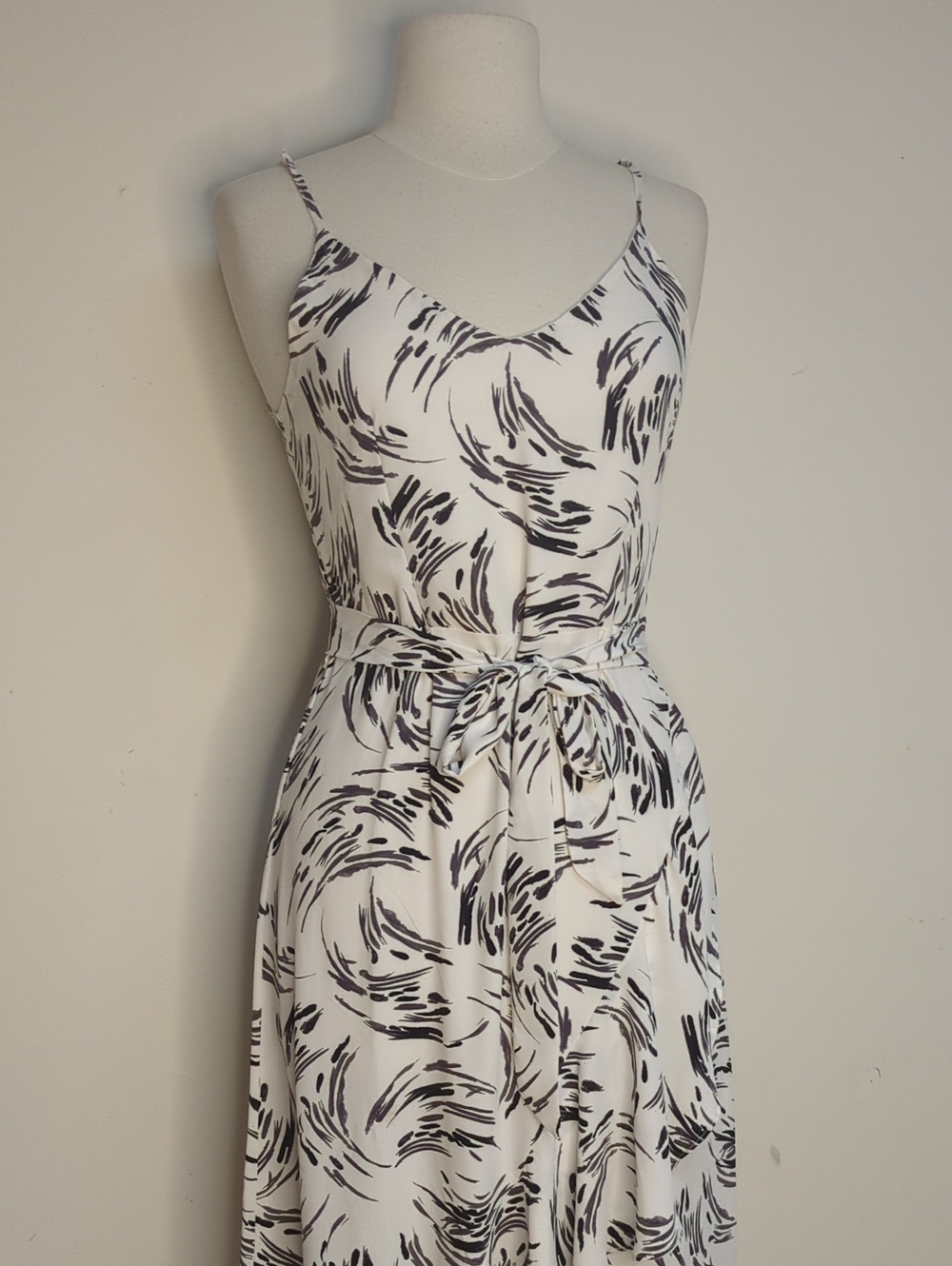 APRICOT Vneck Tank Summer Dress - White With Black Abstract Print - High Low Hem - Picture 4 of 6